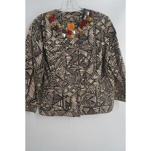 Ruby Rd. Black & Beige Abstract Geometric Jeweled Neckline Cotton Jacket Size 16